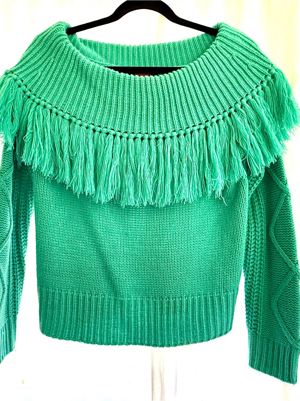 Rock & Roll Cowgirl Teal Fringe Off-Shoulder Sweater